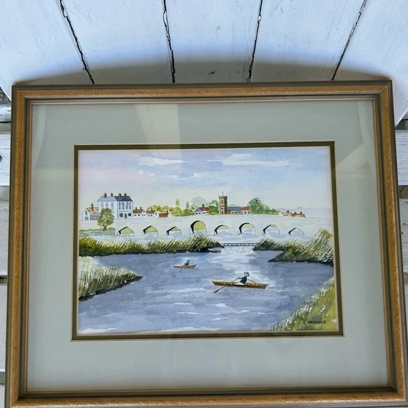 Framed Watercolor Painting fo a European Town, Rowboats by the Bridge - Picture 7 of 8